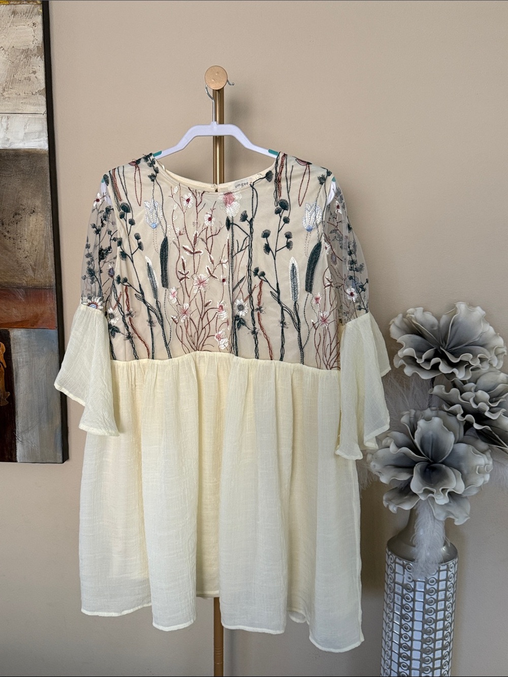 Umgee Cream Floral Embroidered Babydoll Dress